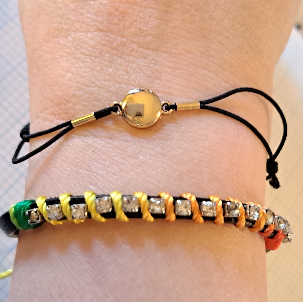 Lot Of 2 Bracelets- Rainbow Cord Bracelet with Gold Circle On Stretchy Black - Picture 2 of 6